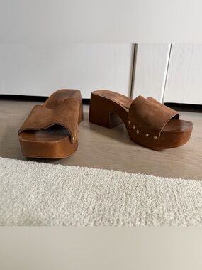 Brown Suede Platform Mule Clogs with Stud Detail